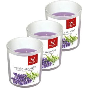 3x Geurkaarsen lavendel in glazen houder 25 branduren - Geurkaarsen lavendel geur - Woondecoraties