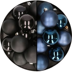 24x stuks kunststof kerstballen mix van zwart en donkerblauw 6 cm - Kerstversiering