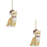 2x Kersthangers beige katten met kerstmuts 9 cm - kerstboomversiering / kerstornamenten katten