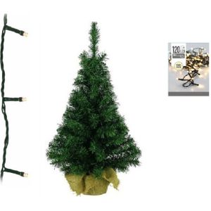 Groene kunst kerstboom 90 cm inclusief warm witte kerstverlichting - Kunstbomen/kunst kerstbomen