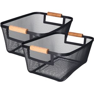 H&amp;S Collection Opbergmand - 2x - met handgrepen - zwart - metaal - 31 x 22 x 14 cm - draadmand