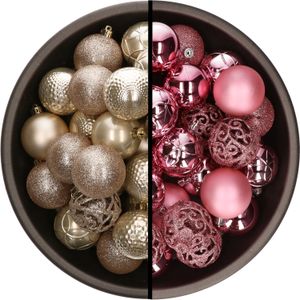 Kerstballen - 74x stuks - champagne en roze - 6 cm - kunststof