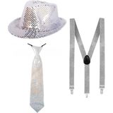 Folat Verkleedkleding set hoed/stropdas/bretels zilver glitter volwassenen