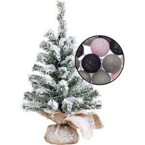 Mini kerstboom besneeuwd - incl. verlichting met bollen mix grijs/lichtroze - H45 cm