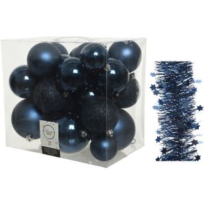 Kerstversiering kunststof kerstballen 6-8-10 cm met sterren folieslingers pakket donkerblauw van 28x stuks - Kerstboomversiering