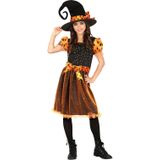 Heksen verkleed kostuum zwart/oranje voor meisjes - Halloween / horror thema outfit - Carnaval heks jurk met hoed