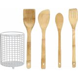 Bamboe hout keuken spatels/lepels set 4-delig met metalen houder van 11 x 15 cm