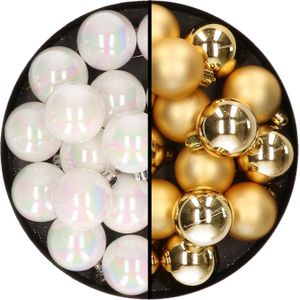 32x stuks kunststof kerstballen mix van parelmoer wit en goud 4 cm - Kerstversiering
