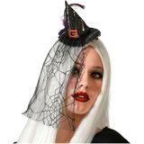 Halloween heksenhoed - mini hoedje op diadeem - one size - zwart - met sluier - meisjes/dames