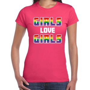 Bellatio Decorations Gay Pride shirt - girls love girls - regenboog - dames - roze