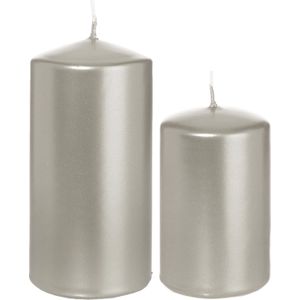 Trend Candles - Cilinder Stompkaarsen set 4x stuks zilver 8 en 12 cm