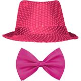 Carnaval verkleed set compleet - hoedje en vlinderstrikje - roze - heren/dames - glimmend - verkleedkleding
