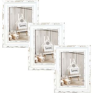 3x stuks houten fotolijst vintage wit met metalen ophangketting geschikt voor een foto van 15 x 20 cm