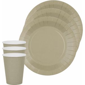 Santex feest/verjaardag servies set - 10x gebaksbordjes en bekertjes - taupe - karton