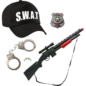 Carnaval verkleed speelgoed SWAT team politiepet zwart voor kinderen met geweer/handboeien/badge