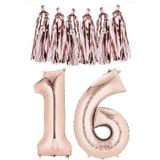 Sweet 16 verjaardag versiering rosegouden folieballonnen met slinger - Sweet 16 verjaardag versiering