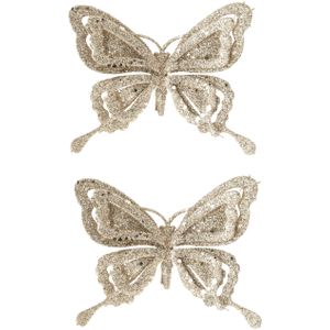 10x stuks decoratie vlinders op clip glitter champagne 14 cm - Bruiloftversiering/kerstversiering decoratievlinders