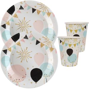 Feest wegwerp servies set - ballon - 20x bordjes / 20x bekers - wit/goud