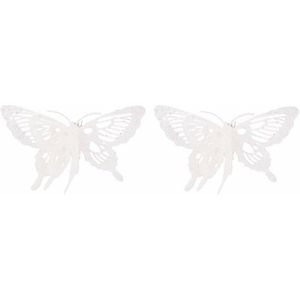 2x Kerst decoratie vlinders wit 15 x 11 cm - Kerstboom versiering/decoratie vlinder op clip