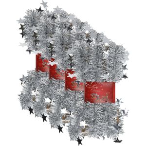 4x stuks lametta kerstslingers met sterretjes zilver 200 x 6,5 cm - kerstslingers/kerst guirlandes