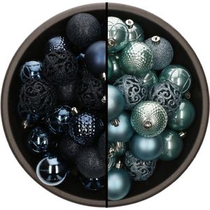 Bellatio Decorations Kerstballen mix - 74-delig - ijsblauw en donkerblauw - 6 cm - kunststof