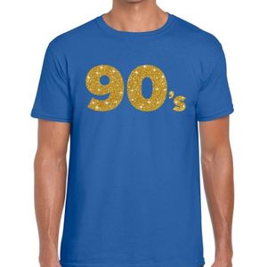 90's goud glitter tekst t-shirt blauw heren - Jaren 90 kleding