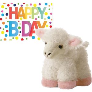 Pluche knuffel lammetje/schaap 20 cm met A5-size Happy Birthday wenskaart - Verjaardag cadeau setje - Een knuffel sturen