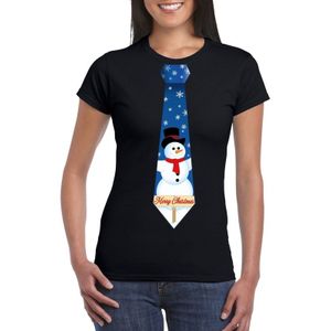 Zwart kerst T-shirt voor dames - Sneeuwpoppen stropdas print