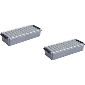 2x stuks opberg boxen/opbergdozen 6,5 liter metallic/zwart 48,5 x 19 x 10,5 cm - kunststof  - Praktische langwerpige opslagboxen