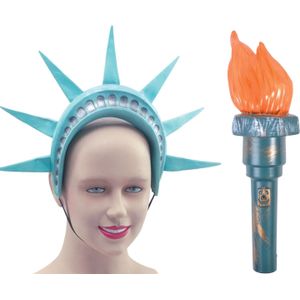 Vrijheidsbeeld verkleed set - fakkel met licht 31 cm en hoofdband - volwassenen