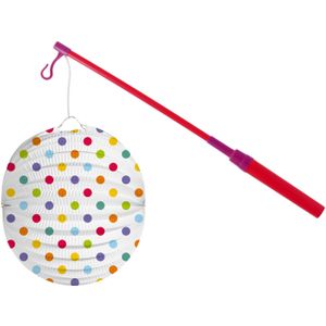 Bol lampion stippen - wit/regenboog - H22 cm - papier - met lampionstokje - 40 cm