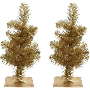 2x stuks gouden kunst kerstbomen 35 cm met 28 takjes en metalen voet - Miniboompjes / kleine kerstbomen