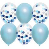 Geboorte versiering jongen - ooievaar geboorte bord - 77 cm hoog - 6x blauwe confetti ballonnen
