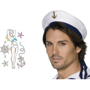 Carnaval verkleed Matrozen hoedje - wit - met zeeman plak tatoeages - volwassenen - accessoires set