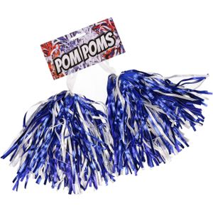 Setje van 4x stuks Cheerballs/pompoms in het blauw/wit - Cheerleaders verkleed accessoires