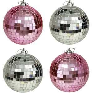 Kerstballen disco - 4x st - roze en zilver - 10 cm - kunststof - spiegel kerstballen