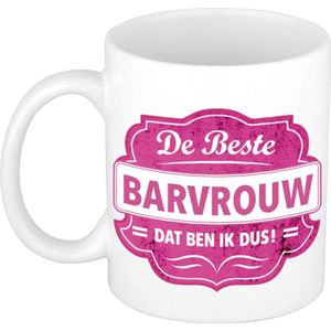 De beste barvrouw cadeau koffiemok / theebeker wit met roze embleem - 300 ml - keramiek - cadeaumok barvrouw / barmaid