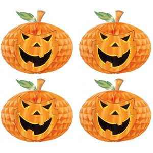 Set van 5x stuks horror decoratie honeycomb pompoen met gezicht 30 cm - Halloween lampion