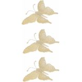 3x Kerst decoratie vlinder creme glitter - Kerstboom vlinder versiering creme met glitters 3 stuks