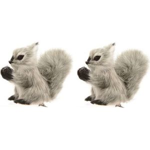 2x Grijze eekhoorn kerstversiering clip decoratie 8 cm - Dieren kersthanger op clip - Kerstdecoratie