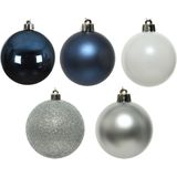 Kerstballen 30x st - 6 cm - met ster piek - blauw/wit/zilver -kunststof