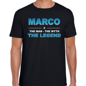 Naam cadeau Marco - The man, The myth the legend t-shirt  zwart voor heren - Cadeau shirt voor o.a verjaardag/ vaderdag/ pensioen/ geslaagd/ bedankt