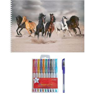 Schetsboek Paarden liefhebbers thema A4 50 paginas met 10 gelpennen - Tekenen creatief cadeau voor kinderen/meisjes