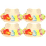 4x stuks stro verkleed hoedje met Hawaii party krans - Tropische feest thema hoeden