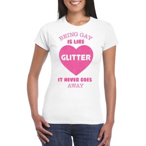 Bellatio Decorations Gay Pride T-shirt voor dames - being gay is like glitter - wit/roze - LHBTI
