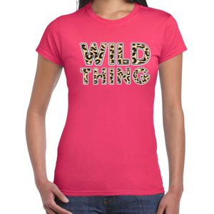 Wild thing t-shirt met panter print fuchsia roze voor dames - fout dierenprint tekst shirt