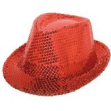 Rood trilby glitter party hoedje met pailletten - carnaval verkleed hoeden