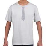 Wit fun t-shirt met stropdas in glitter zilver kinderen - feest shirt voor kids
