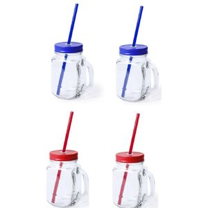 4x stuks Glazen Mason Jar drinkbekers met dop en rietje 500 ml - 2x blauw/2x rood - afsluitbaar/niet lekken/fruit shakes