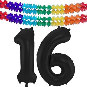 Folat folie ballonnen - Leeftijd cijfer 16 - zwart - 86 cm - en 2x slingers